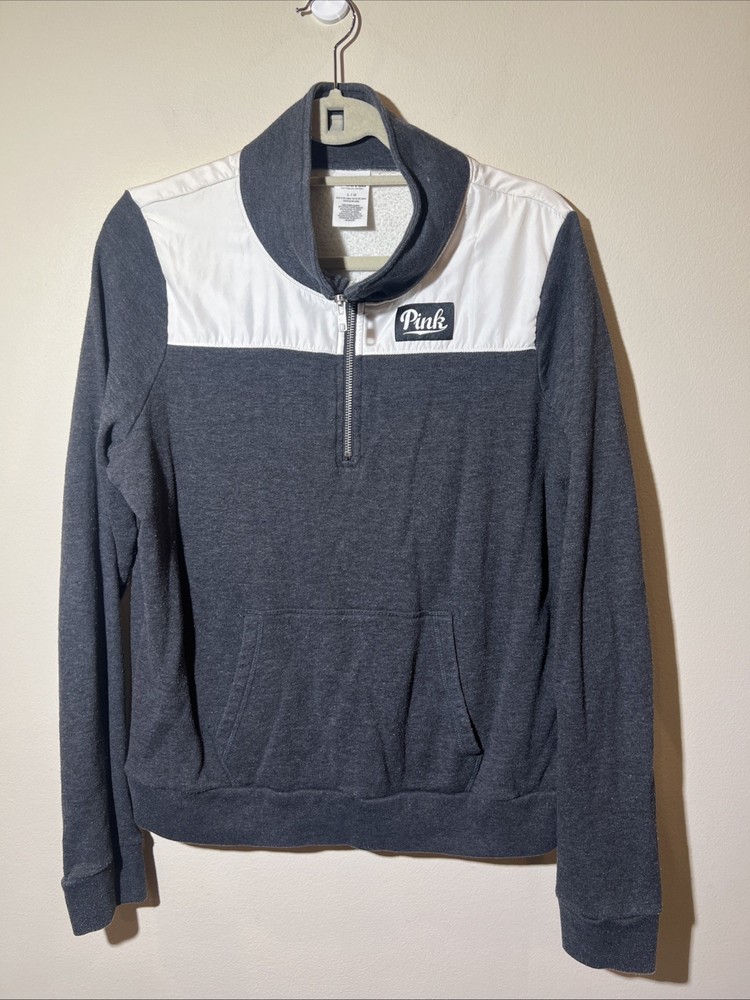 Victoria's Secret Pink Sweatshirt Women L 1/4 Zip Pullover Gray Logo Accent EUC