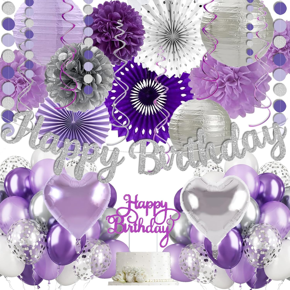Purple Silver Birthday Party Decorations Kit with Happy Birthday Banner, Paper L