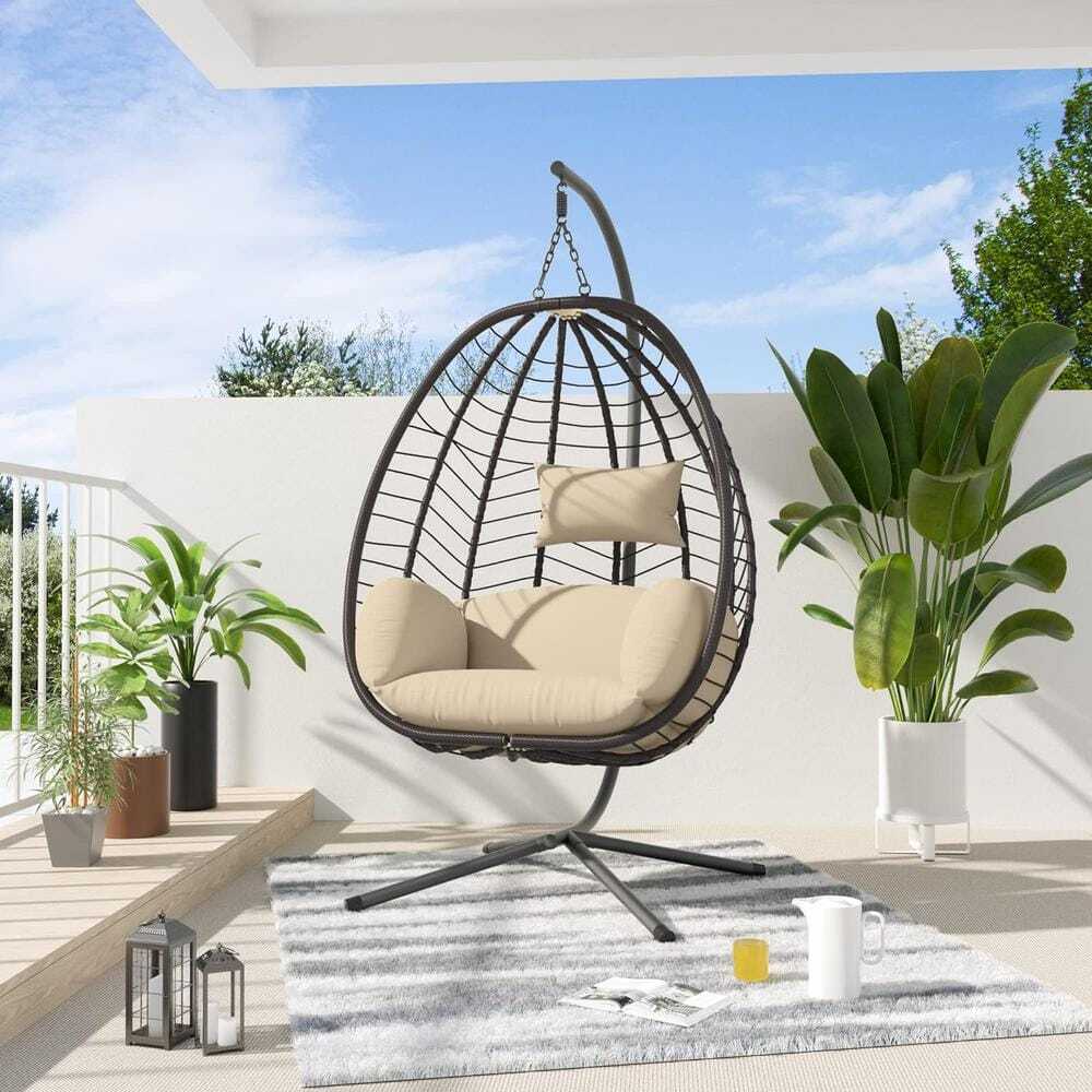 Outdoor Indoor Wicker Egg Swing Chair with Stand, Sand Cushions