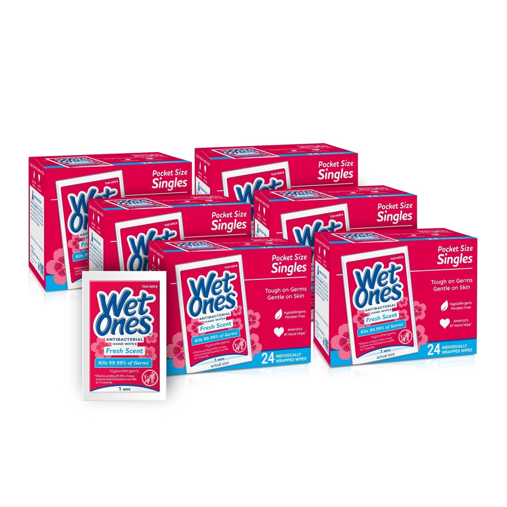 Wet Ones Antibacterial Hand Wipes Fresh Scent 24 Ct Singles 6 Pack