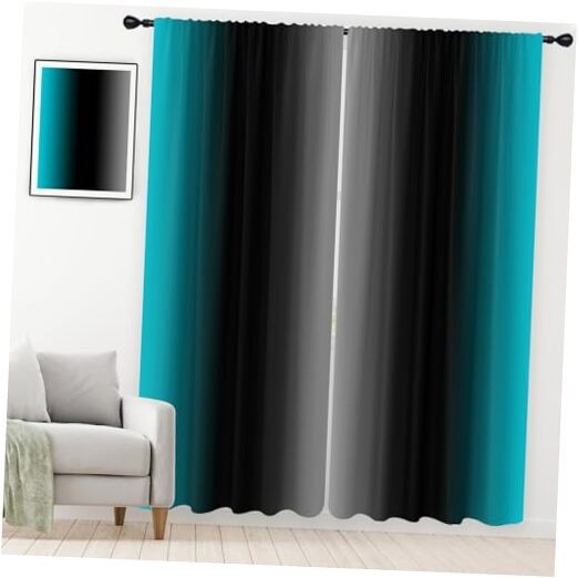 Teal Black Curtains Turquoise Grey White 52x84 Inches 2-Panel Set