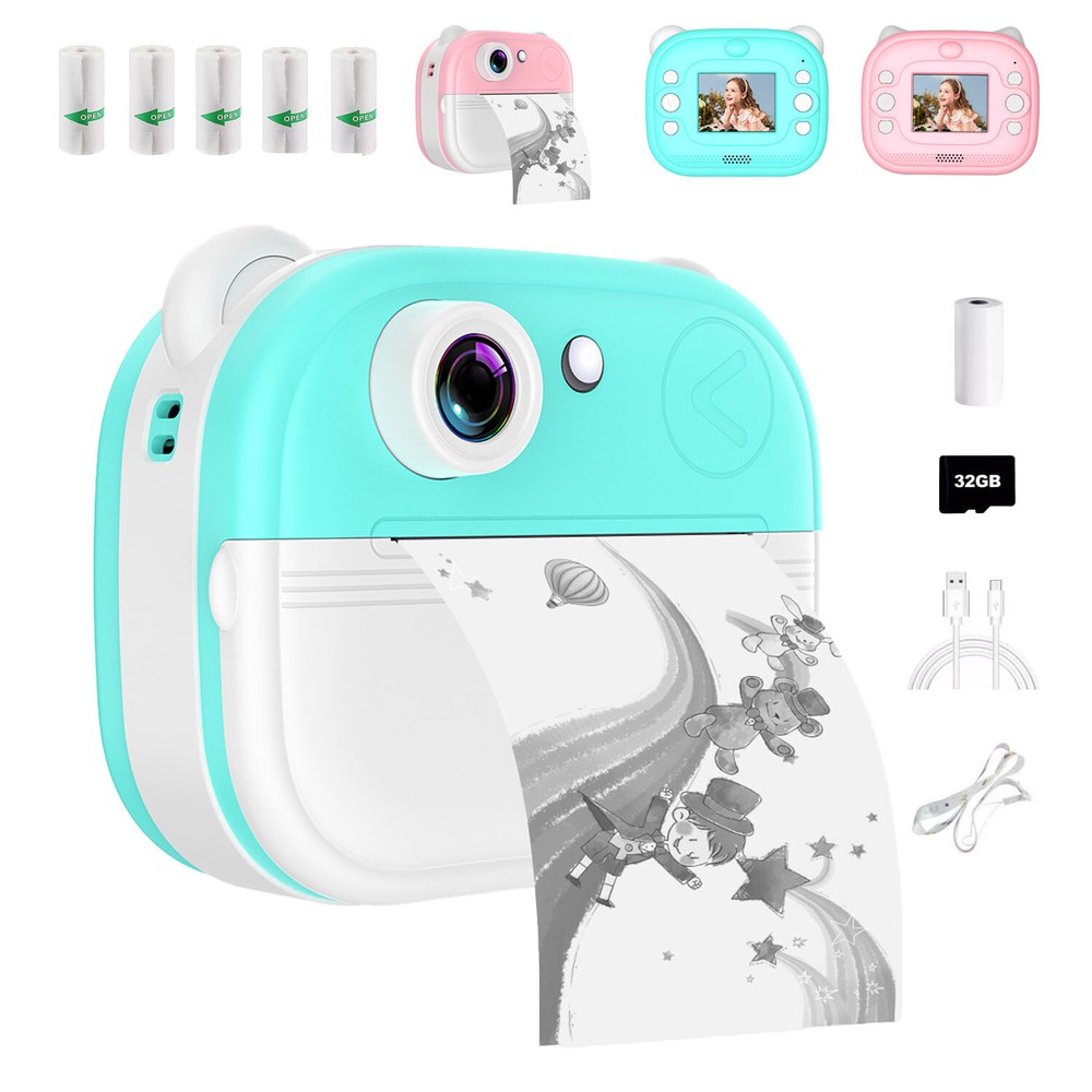 Kids Gifts Instant Print Camera Mini Thermal Printer 1080P HD Camera w/32GB Card