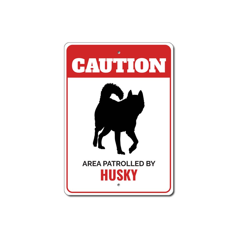 Patrolled By Husky Caution Metal Sign Dog Kennel Pet Breed Canine K9 Paw Animal