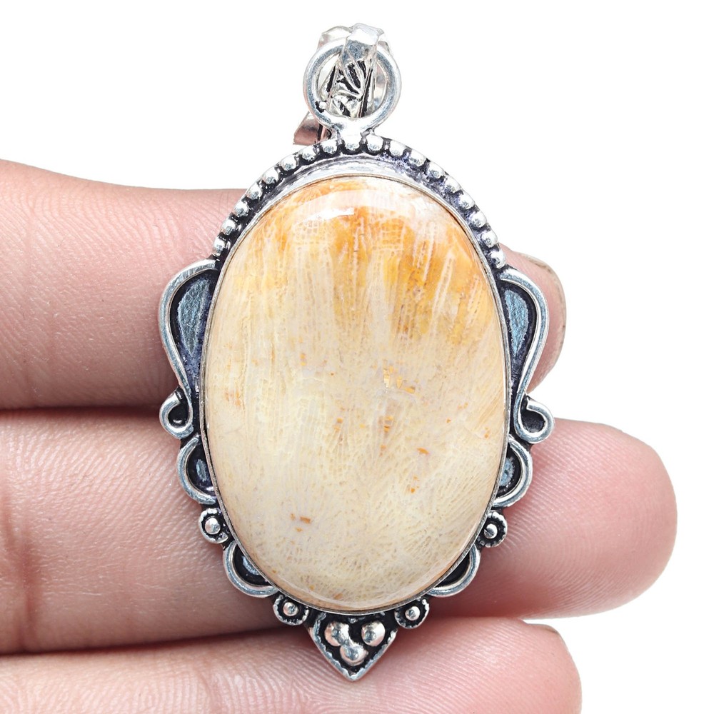 Fossil Coral Gemstone Pendant Silver Jewelry Valentine's Day Gift 2.25 Inch