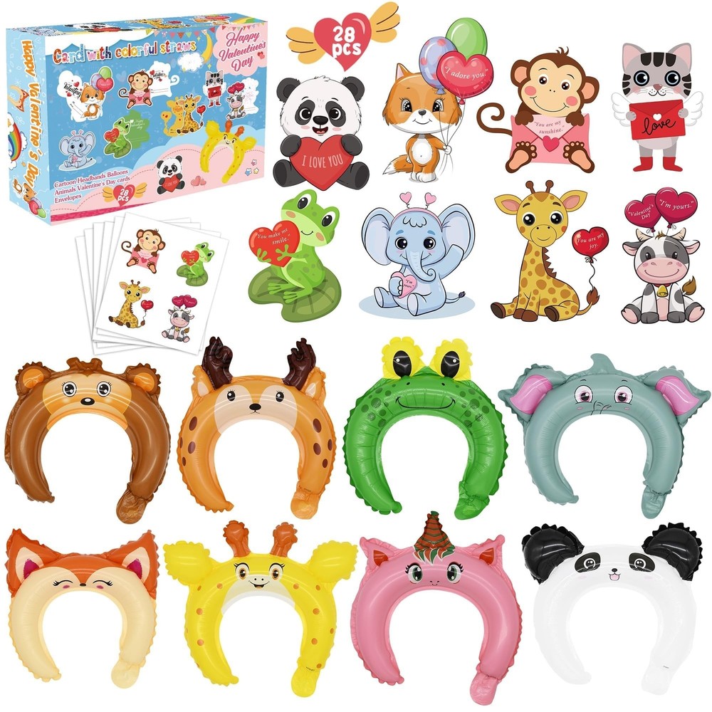 Valentines Day Cards for Kids School 28 Pcs Animal Inflatable Headbands, Zoo ...
