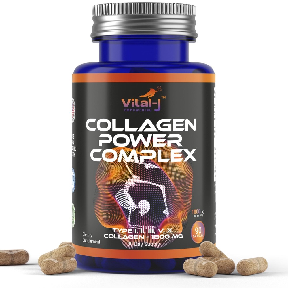 5-in-1 Collagen Peptides 1800mg 90 Capsules with Types I II III V X for Skin Joints Hair Support