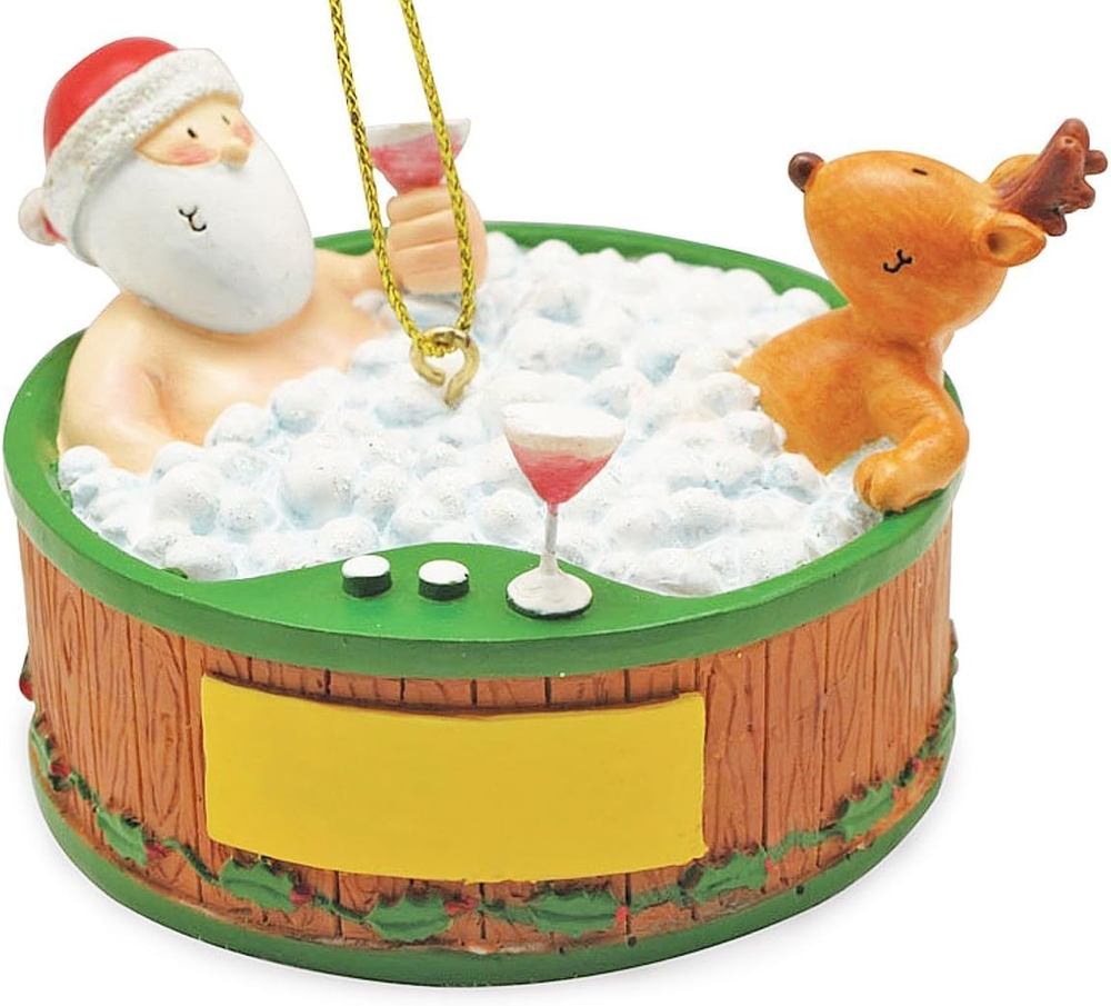 Santa and Reindeer Relaxing in Hot Tub Christmas Holiday Ornament