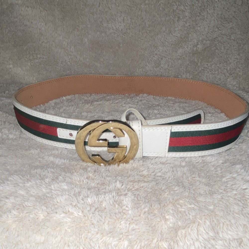 Gucci White Striped Gold Buckle Men's Adjustable Dress Belt 44