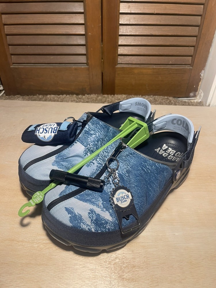 Busch Light Beer x Crocs Men's 10 All Terrain Clogs Bottle Opener Torch Koozie
