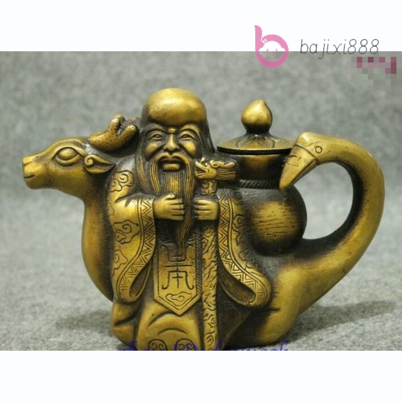 Folk Chinese Longevity God Ride Deer Crane Statue Wine Pot Teapot