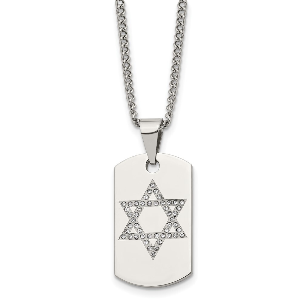 Stainless Steel Cubic Zirconia Star of David Dog Tag Pendant Necklace 22