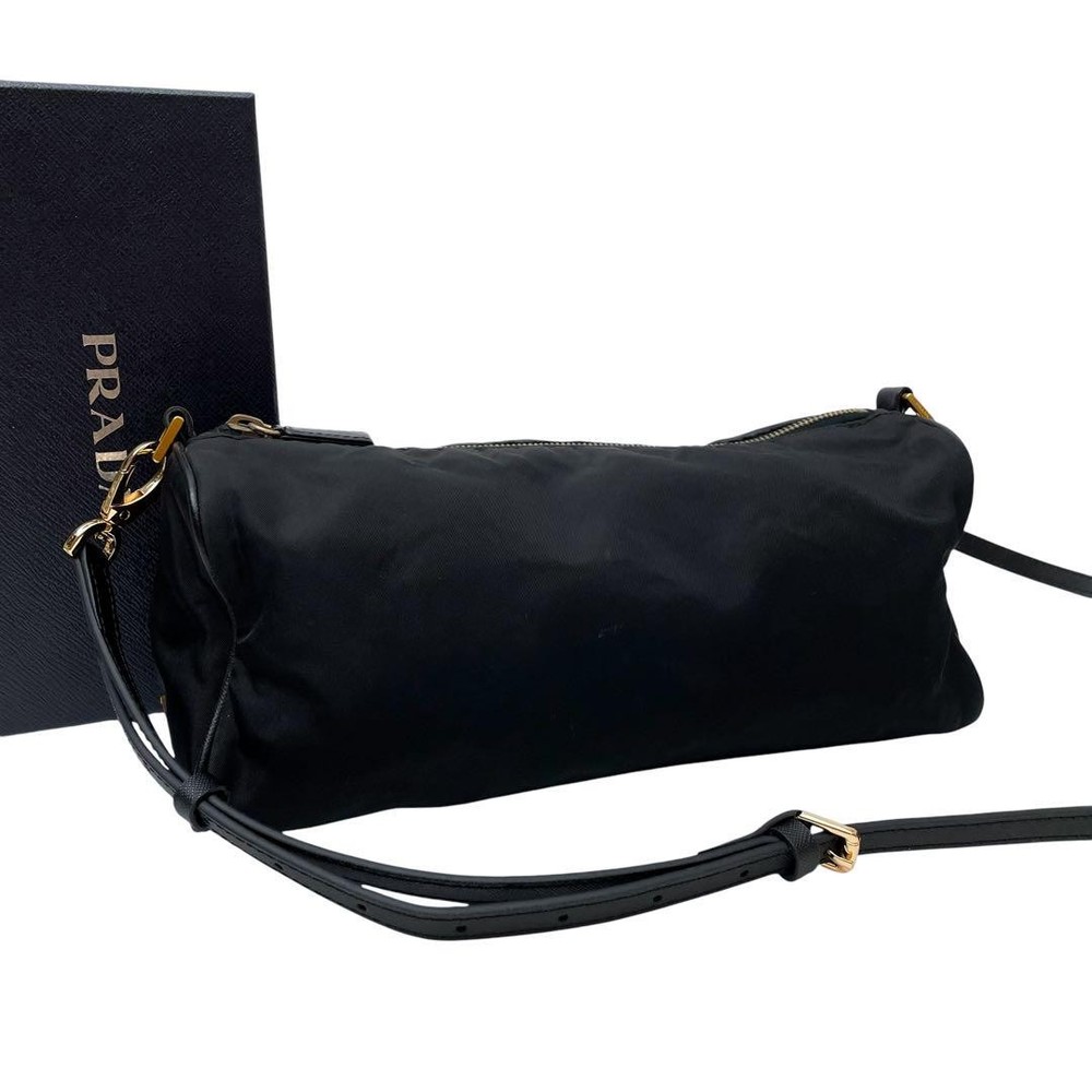 Prada Black Nylon Leather Shoulder Bag with Triangle Logo Japan Import