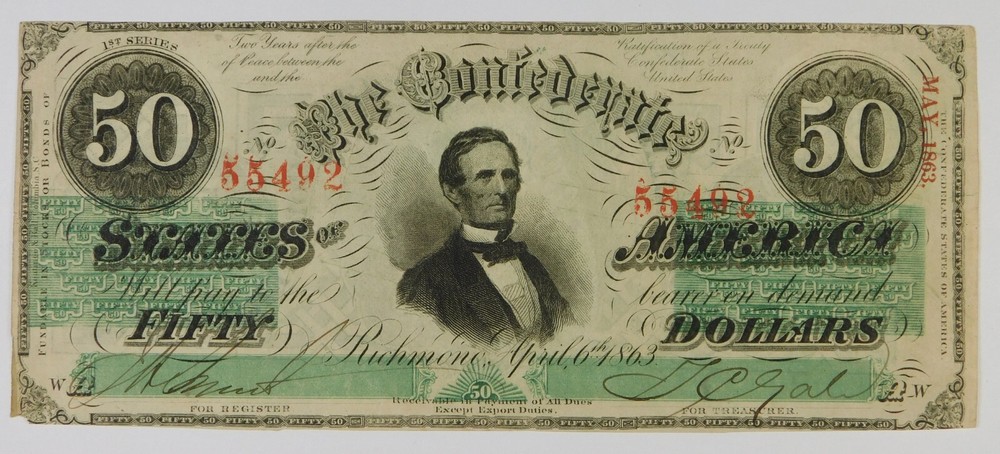 1863 $50 Confederate State of America Currency Banknote