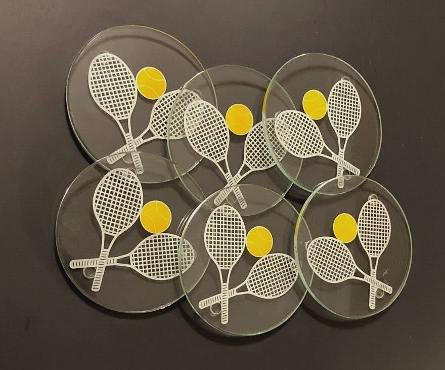 Set of 6 White Tennis Racket Yellow Ball Round Glass Coasters 4