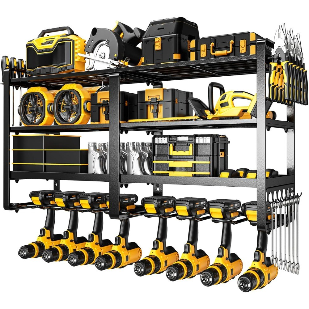 33 Inch Wide Wall Mounted Power Tool Organizer with 8 Drill Holders for Garage or Workshop