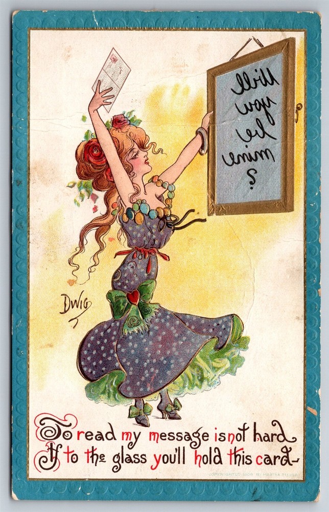 Victorian Pretty Girl Message In Mirror Artist Signed Embossed Postcard Y17