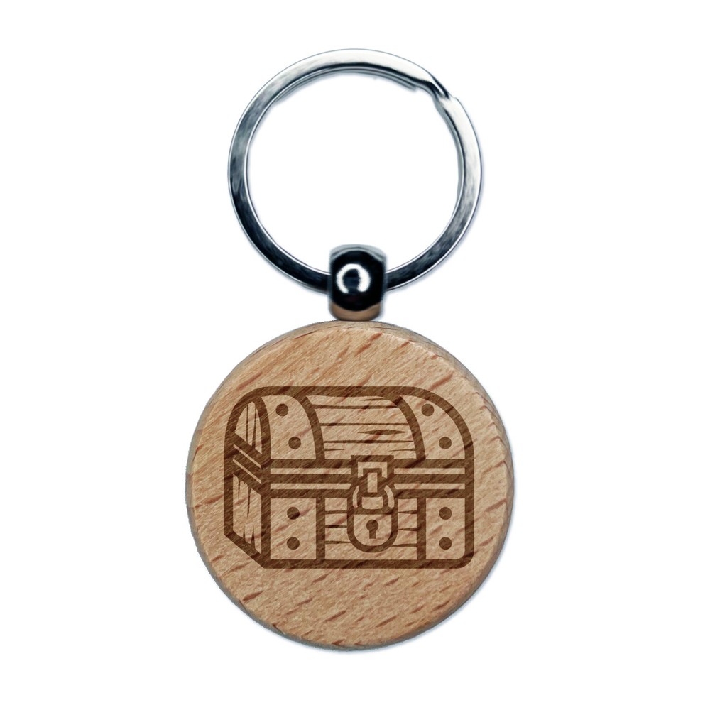 Locked Treasure Chest RPG Loot Engraved Wood Round Keychain Tag Charm