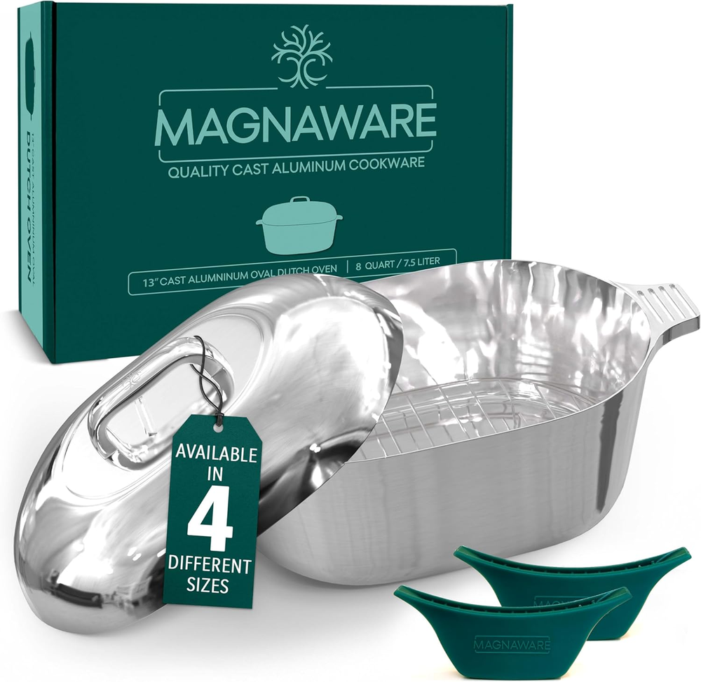 Cast Aluminum Oval Dutch Oven with Lid — 8 QT Heavy Duty Roaster Pan with Rack &