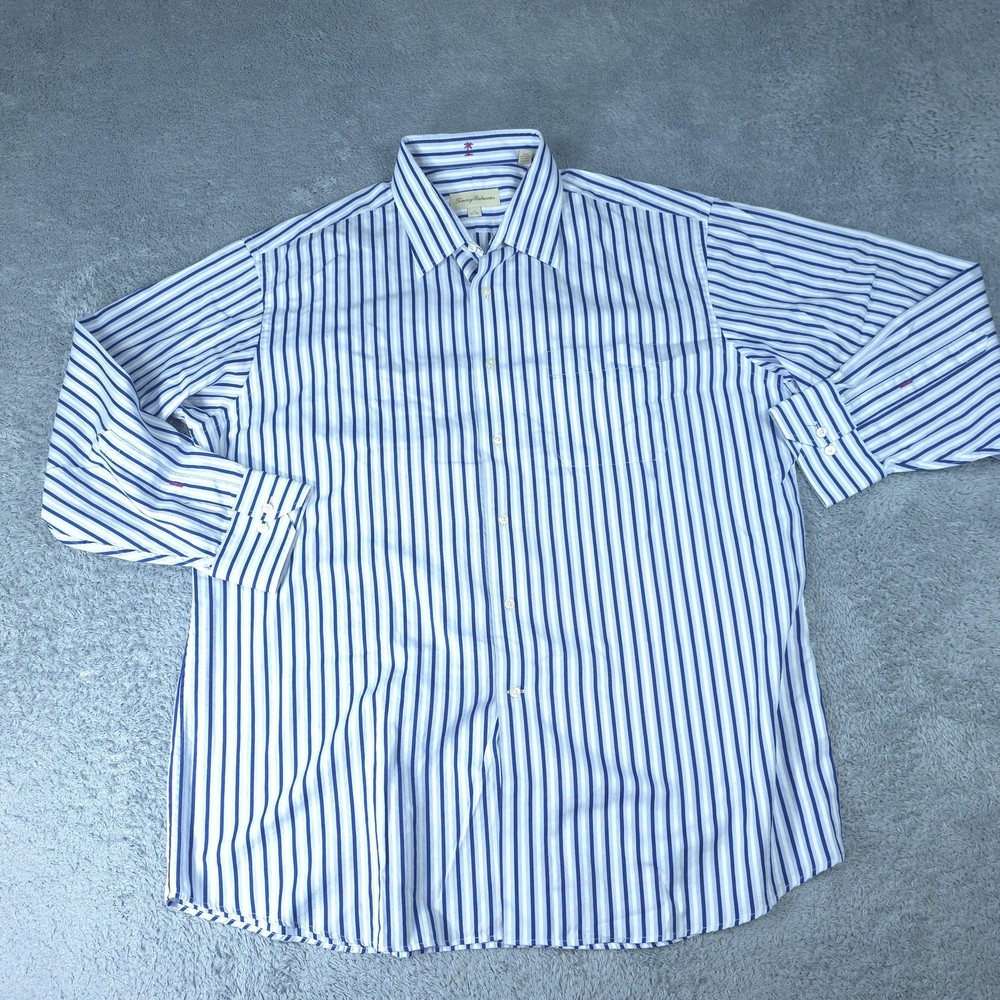 Tommy Bahama Shirt Mens 17 32/33 Blue Striped Long Sleeve Button Up Cotton Dress