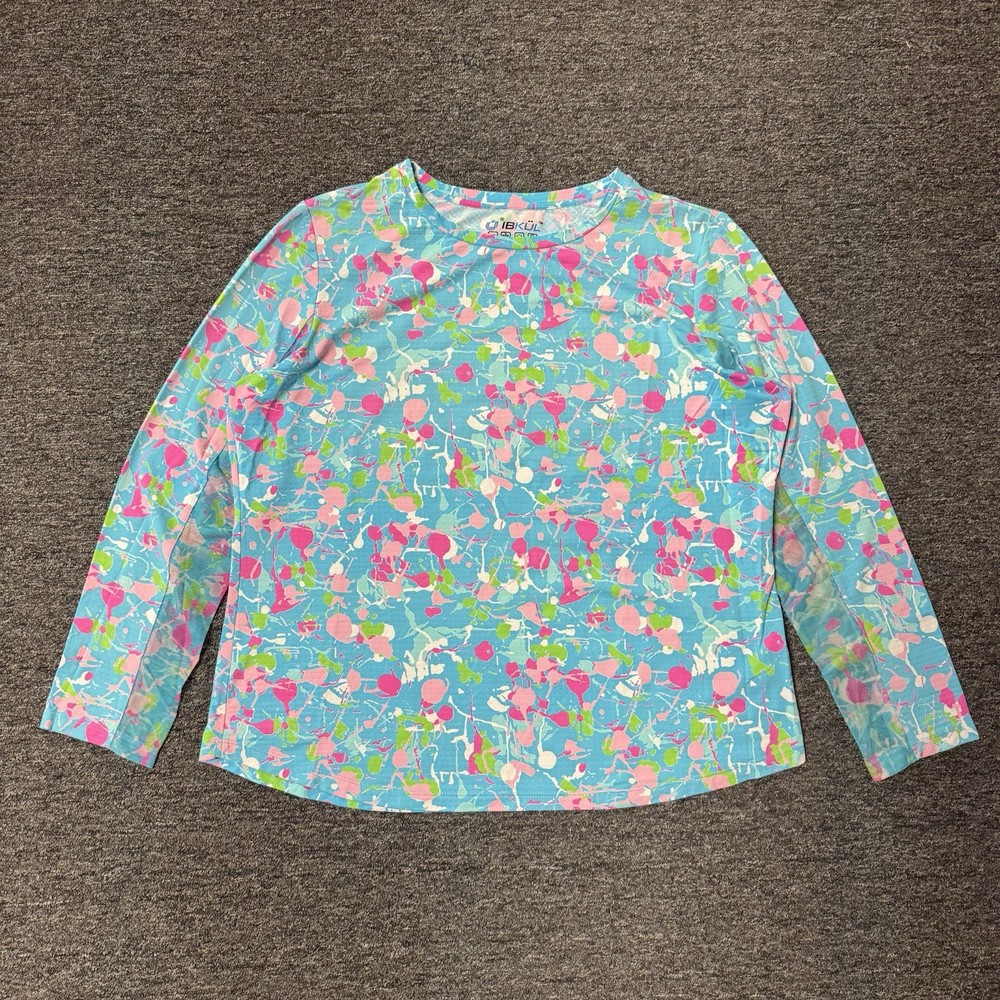 Womens Quick Dry IBKUL UPF 50 Bright Paint Splatter Blue Outdoors Top - Size 2XL