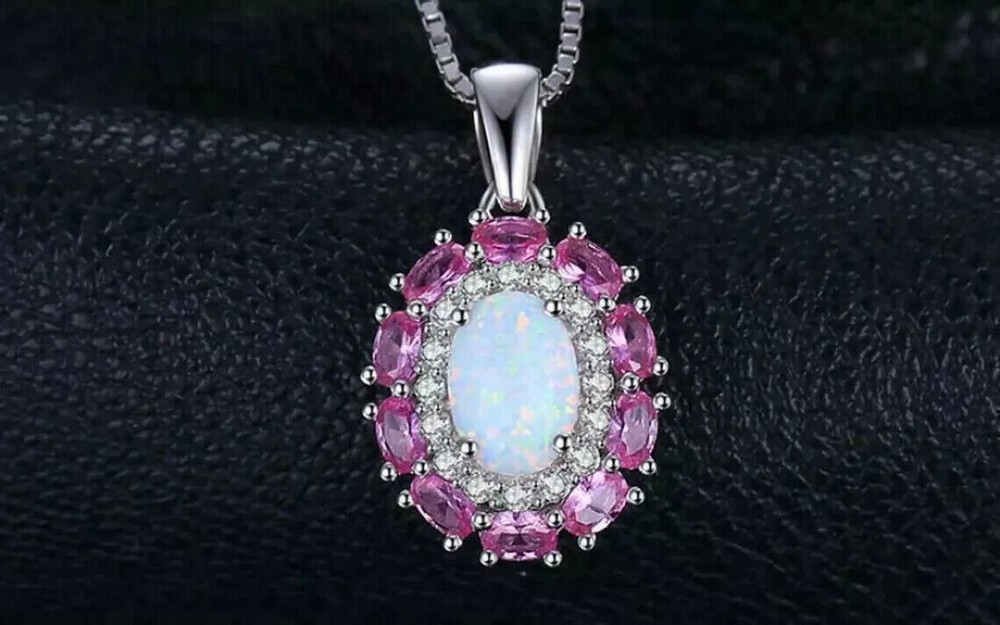 3Ct Oval Cut Fire Lab Created Opal & Red Ruby Halo Pendant 14K White Gold Over