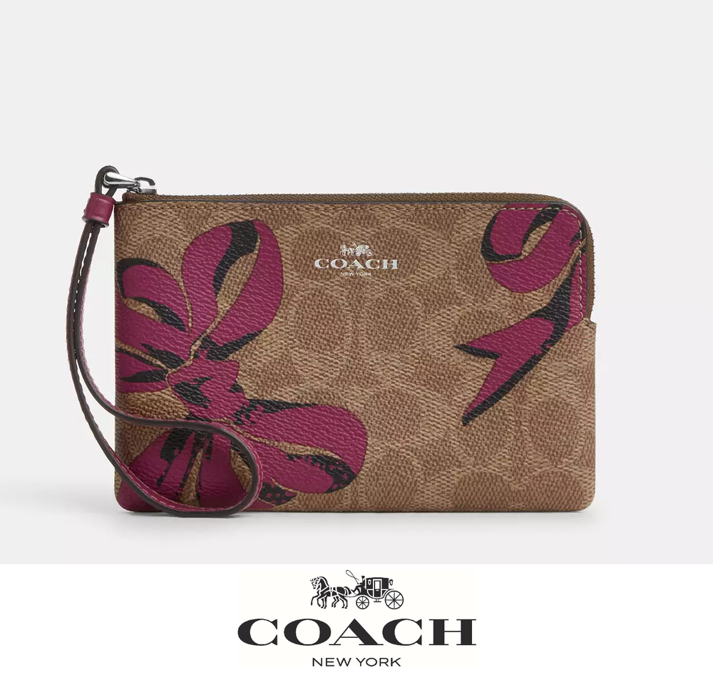 NWT Coach Corner Zip Wristlet in Signature Canvas with Bow Print Gift Ready