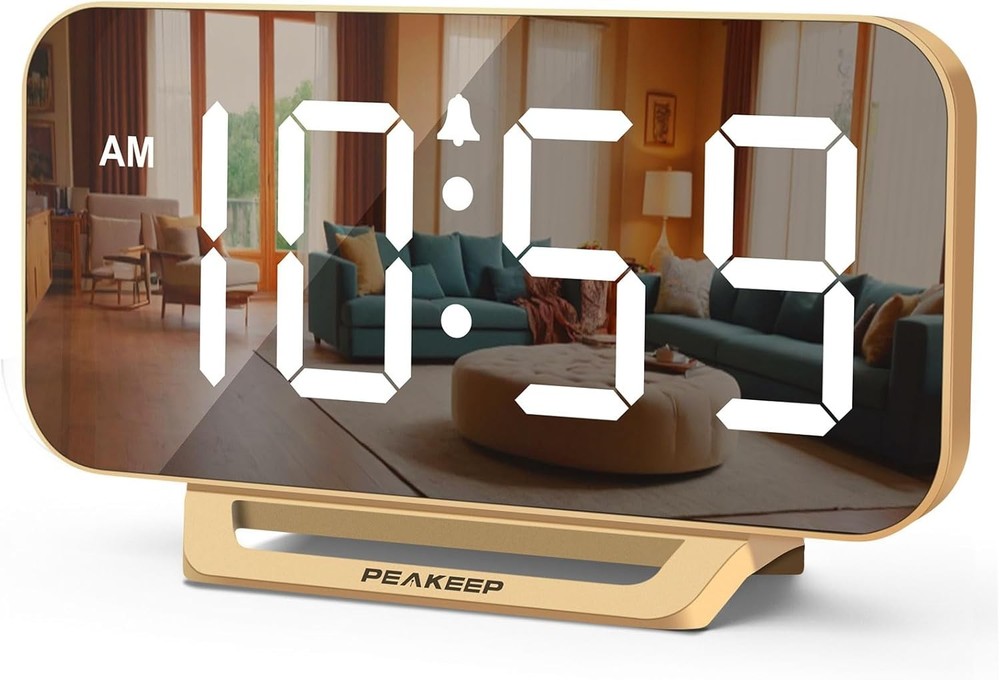 Peakeep Slim Digital Mirror Alarm Clock for Bedroom Desk Decor Plug-In