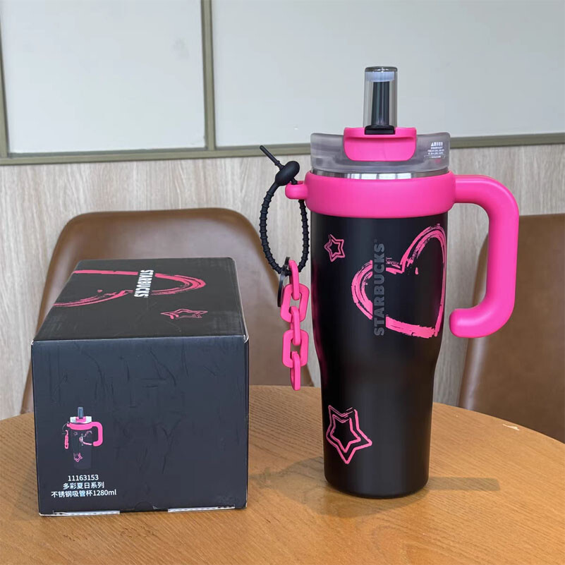 Starbucks China 2024 Sweet Cool Pink Heart Black 43oz Stainless Steel Tumbler