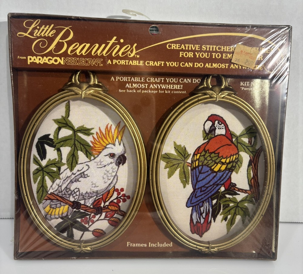 Little Beauties Embroidery Kit Cockatoo and Parrot NIP Oldstock Vintage 70s