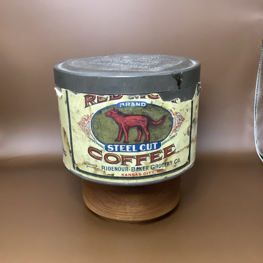 Vintage Red Wolf Steel Cut Coffee Tin with Early Paper Label Kansas City MO