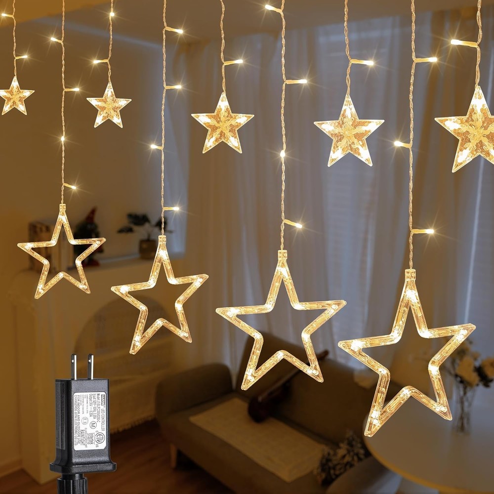 126L Warm White Star Icicle Lights, 8.2FT Clear Curtain Fairy String
