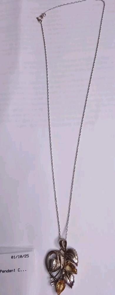 925 Sterling Silver Leaf Citrine Pear Pendant Necklace 18.5 Inch Chain