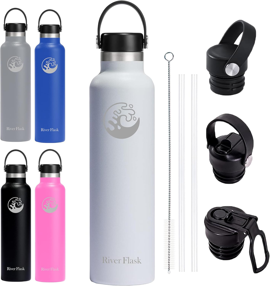 Stainless Steel Insulated Water Bottle with 3 Lids,2 Straws,1 Straw Brush,Hot &