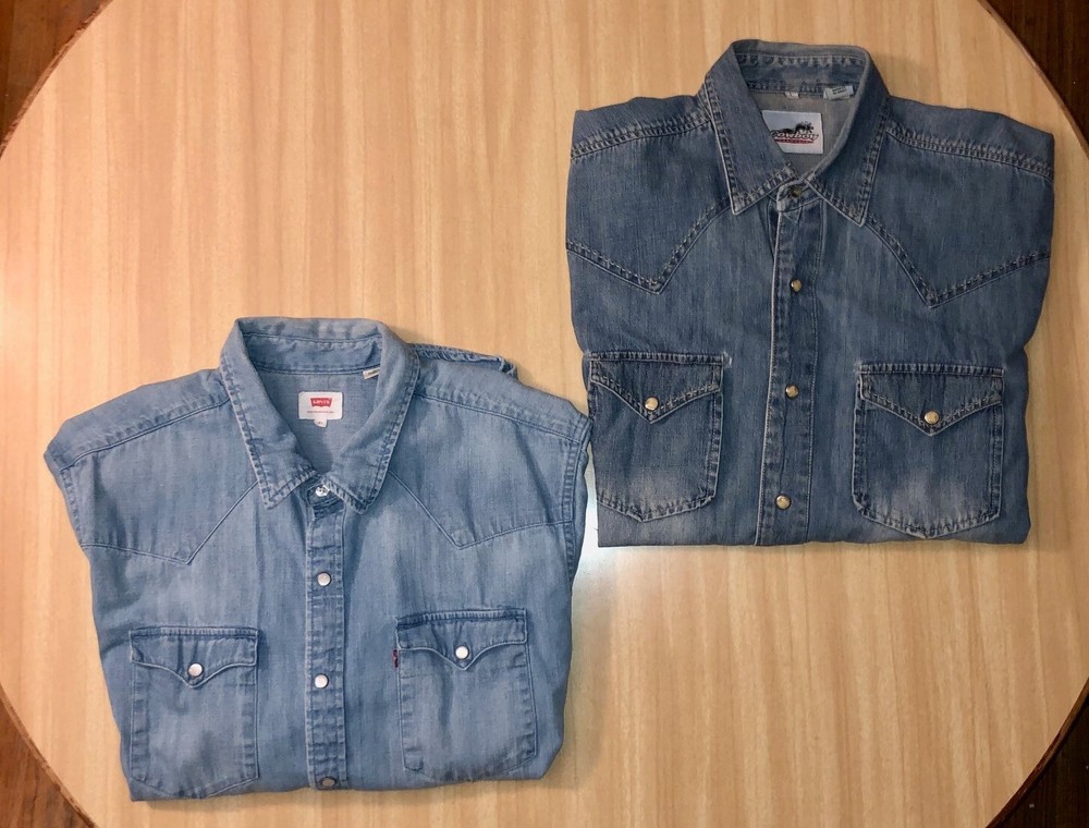 Lot of 2 Vtg L/XL Mens COWBOY HARDWARE/LEVI'S  Shirts  Pearl Snap Fade Distress