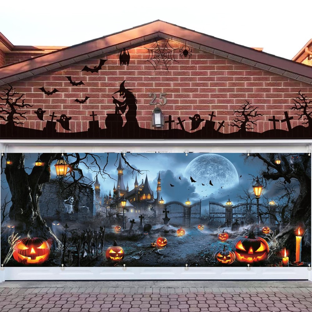 Extra Large Halloween Garage Door Cover Banner 6 * 16Ft Horror Haunted Grey