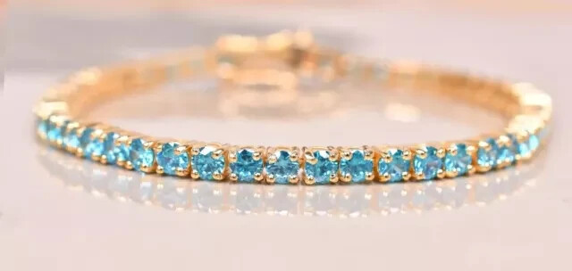 7Ct Round Lab Blue Topaz Tennis Bracelet 14k Gold Plated