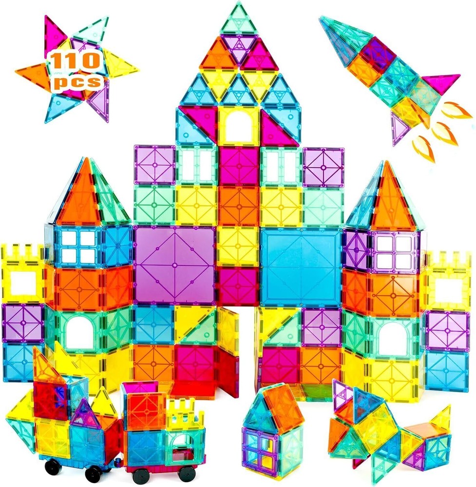 Magnetic Tiles Toy with 2 Cars 110 Pcs 3D Magnet Building Blocks Set