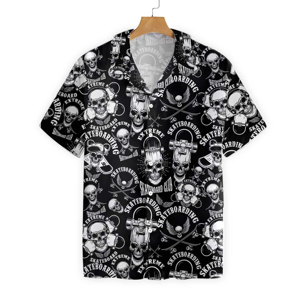 Monochrome Hawaiian Shirt Featuring Stylish Skateboard Emblems for a Bold and Unique Look