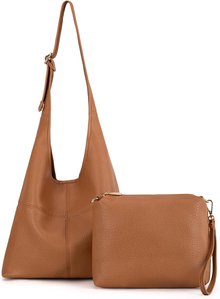 Ultra Soft Foldable Hobo Bag with Cosmetic Bag - Stylish Slouchy Purse for Women