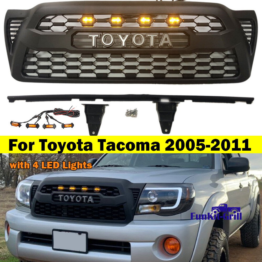 Front Grille For Toyota Tacoma 2005-2011 Bumper Mesh Grill Matte Black W/4 LEDs