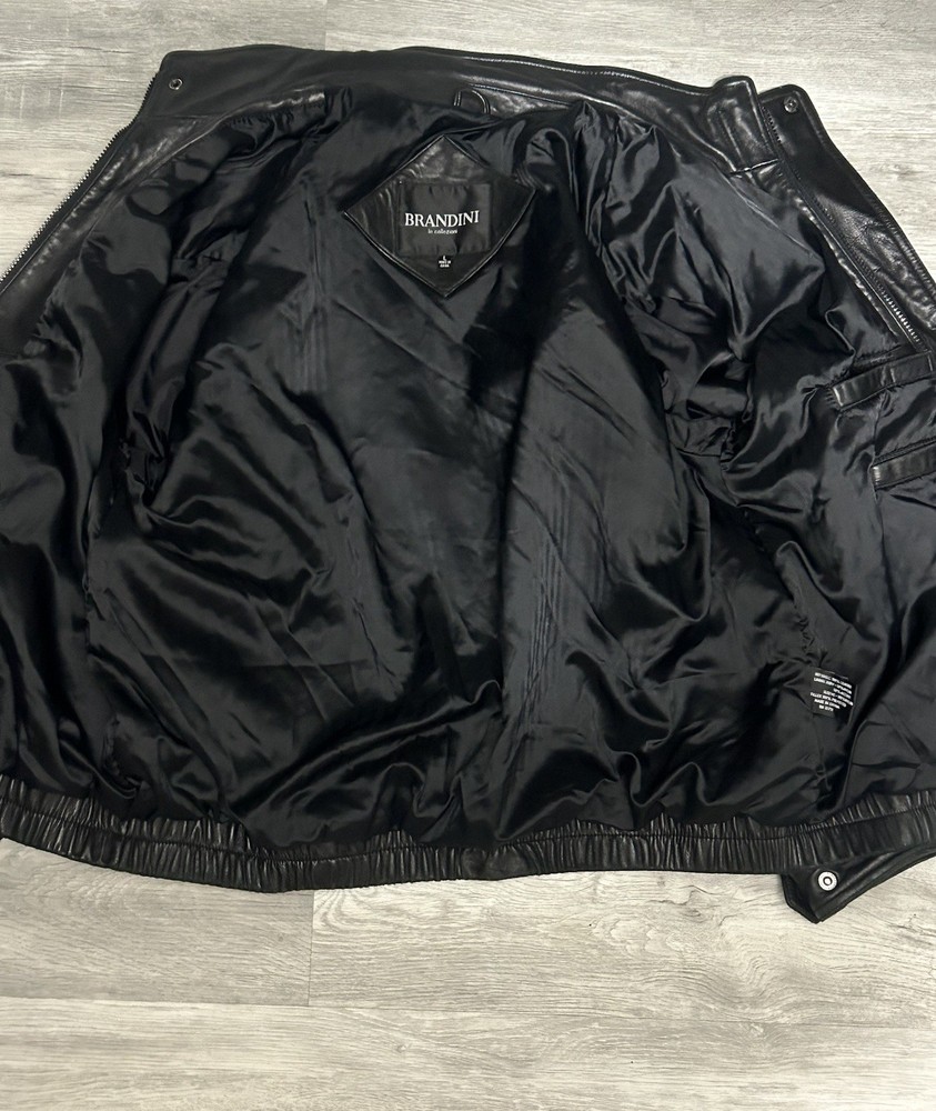 Brandini Jacket Mens Large Black Leather Zip Bomber Biker Lined Le Collezioni
