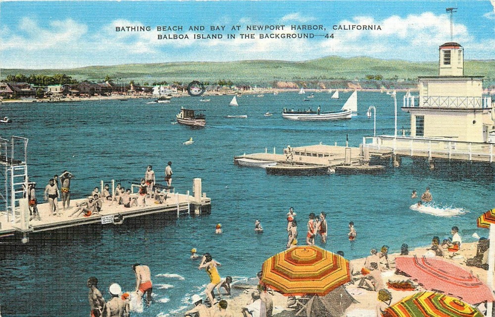 1940s Newport Harbor California Bathing Beach Balboa Island Postcard 25-1580