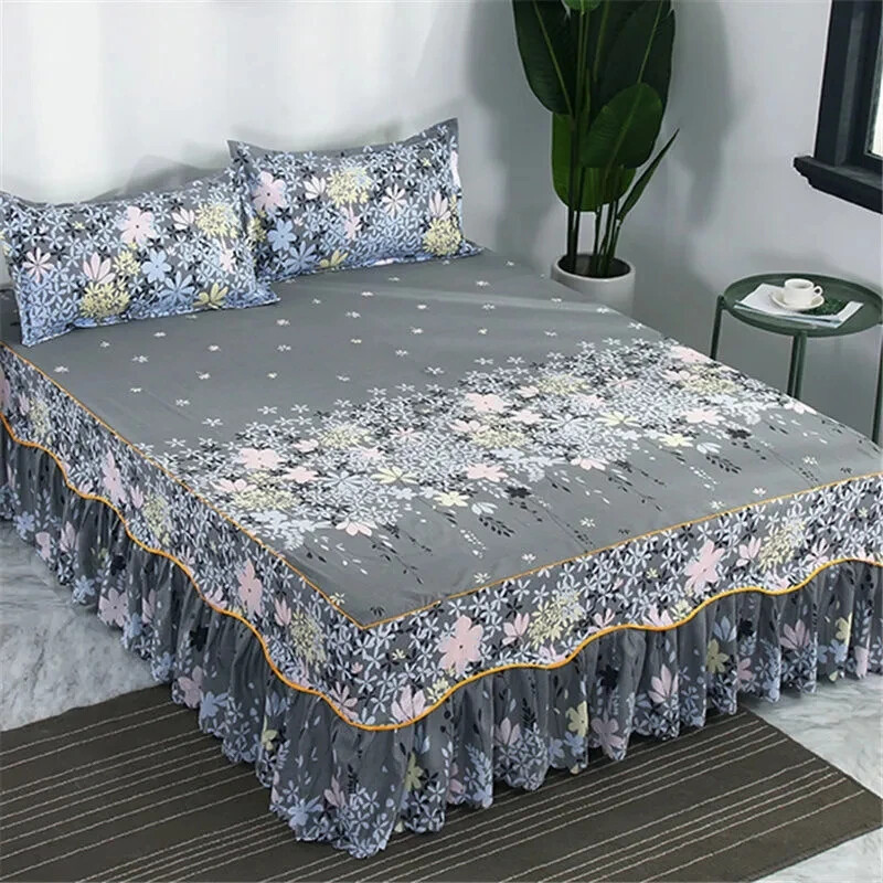 Lace Trim Trilateral Bed Skirt Three-piece Set Anti-slip Mattress Cover