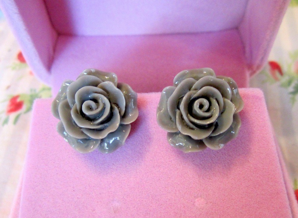 Rose Clip On Earrings Grey - Handmade