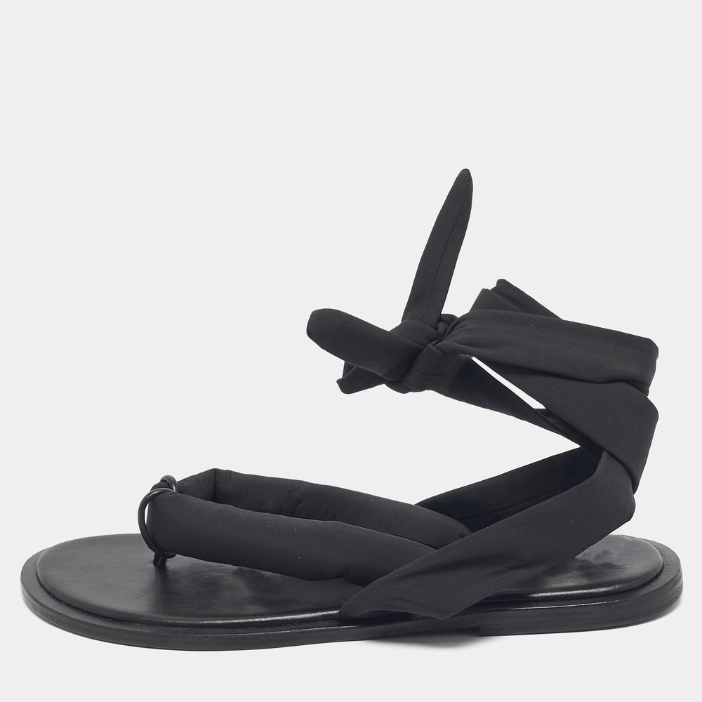 Ganni Black Nylon Puffy Thong Ankle Wrap Flats Size 39