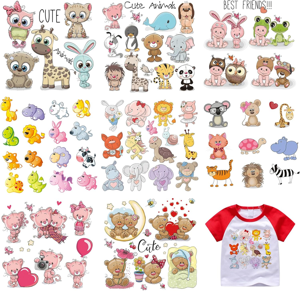 8 Sheets Cute Animal Iron on Transfers, Cartoon Iron on Decals Patches for Cloth