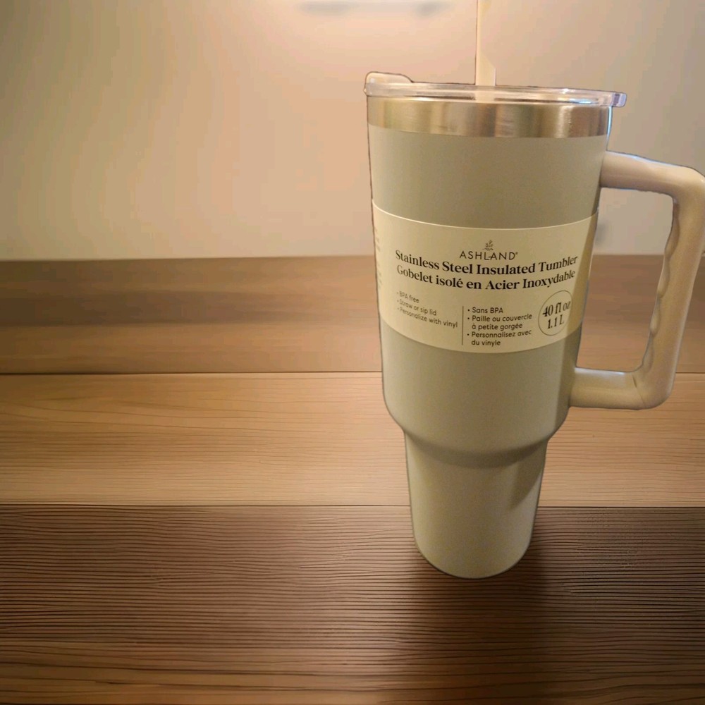 ASHLAND TUMBLER STAINLESS STEEL WATER BOTTLE 40oz HANDLE & STRAW Grey And White