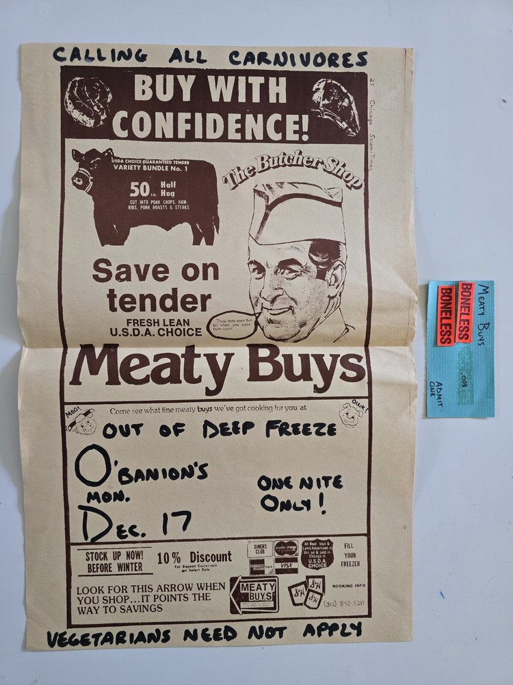 Original Meaty Buys Concert Flyer Poster w/ Full Ticket Stub Punk Rock Chicago