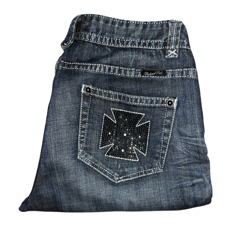 Rock And Roll Cowgirl Straight Leg Distressed Embellished Womens Jeans Size 34x32