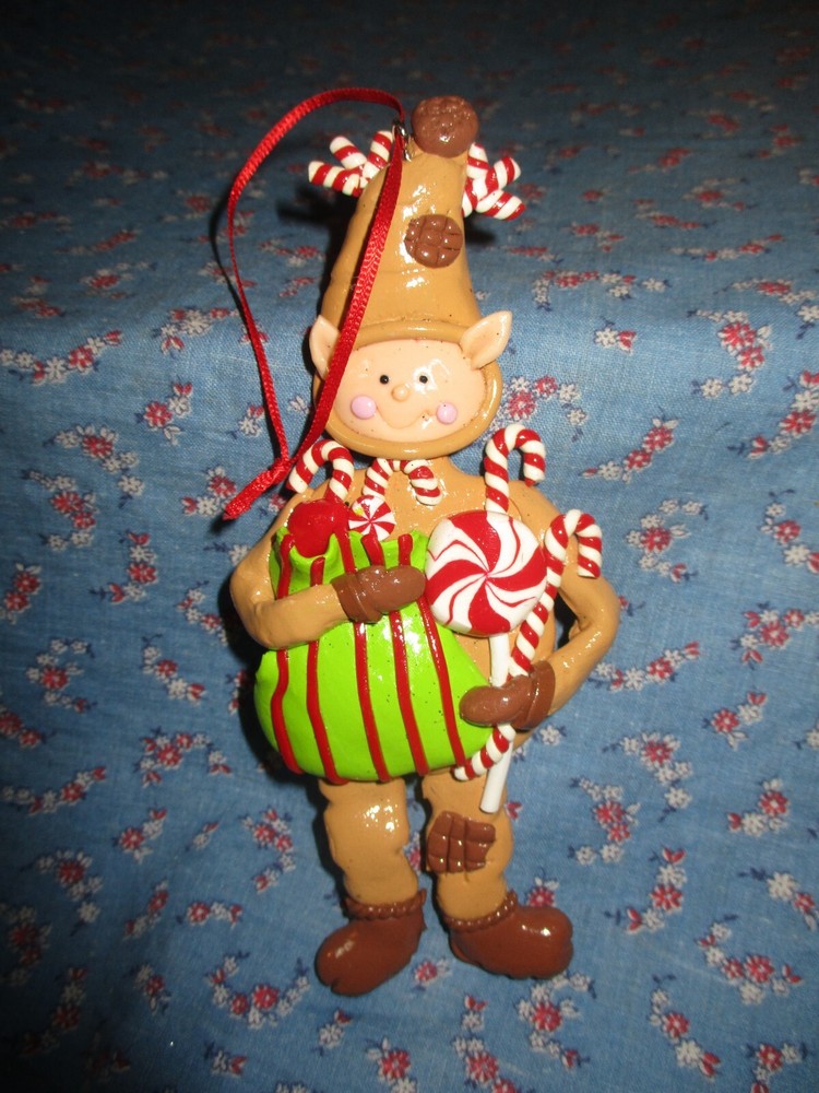 Festive Brown Elf with Peppermint Candy Christmas Ornament 6 Inches